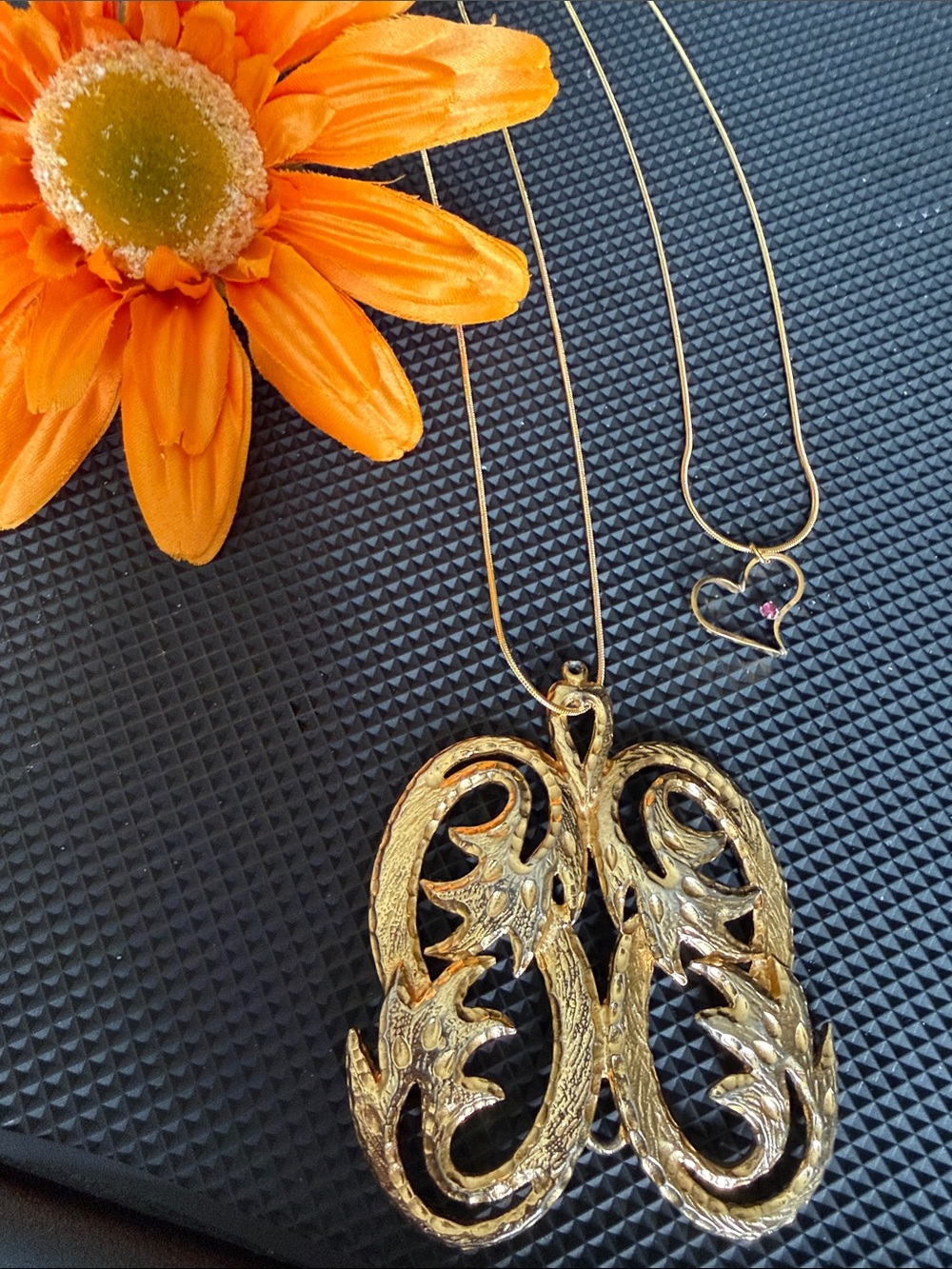 Gold Filigree Butterfly Pendant Necklace & Heart Shaped Pendant w/accent Crystal